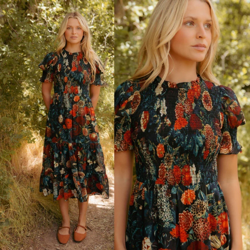 NWT Ivy City Co Cordelia Dress 3X Moody Floral Smocked Tiered Midi